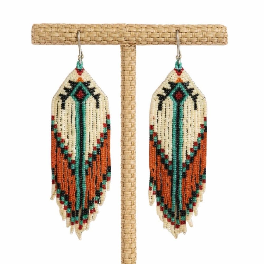 Boho 5" Beaded Fringe Earrings Burnt Orange Teal Geometric Drop